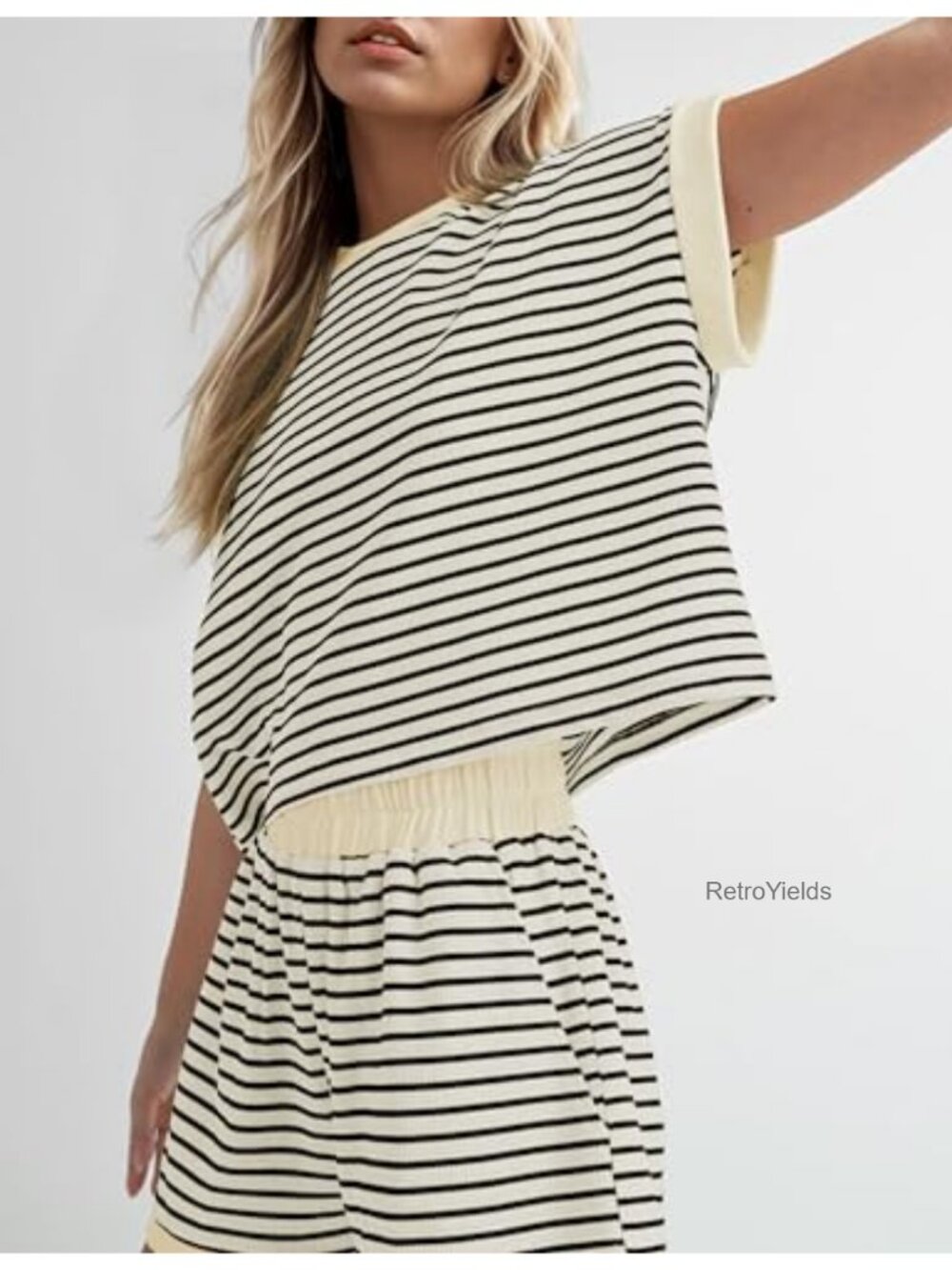 2 Piece Lounge Set Women Ribbed Knit Striped Short Sleeve Tee & Shorts Casual - Picture 2 of 6